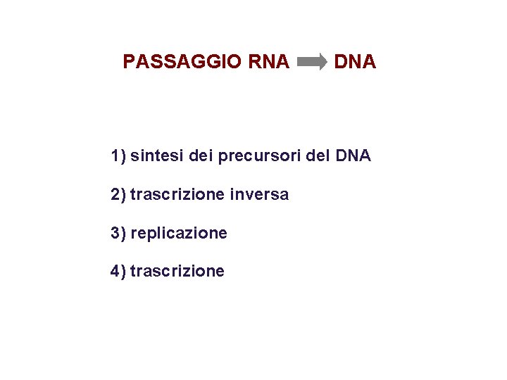 PASSAGGIO RNA DNA 1) sintesi dei precursori del DNA 2) trascrizione inversa 3) replicazione