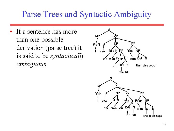 Parse Trees and Syntactic Ambiguity • If a sentence has more than one possible