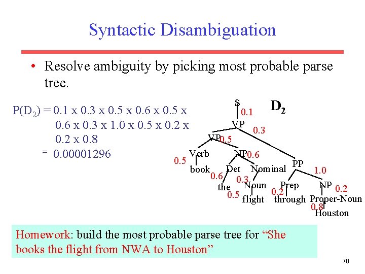 Syntactic Disambiguation • Resolve ambiguity by picking most probable parse tree. S D 2