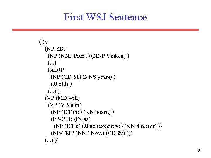 First WSJ Sentence ( (S (NP-SBJ (NP (NNP Pierre) (NNP Vinken) ) (, ,