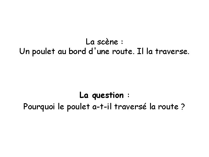 La scène : Un poulet au bord d'une route. Il la traverse. La question