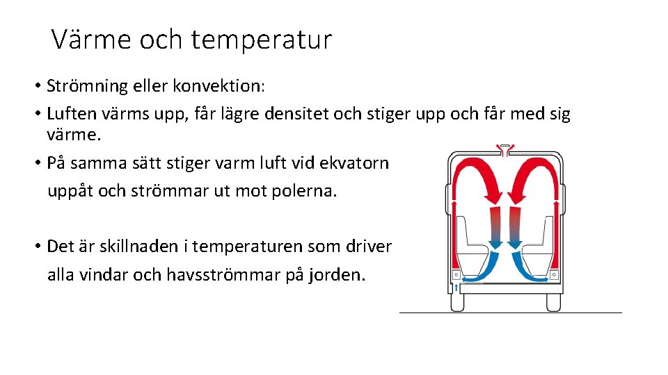 Värme och temperatur • Strömning eller konvektion: • Luften värms upp, får lägre densitet