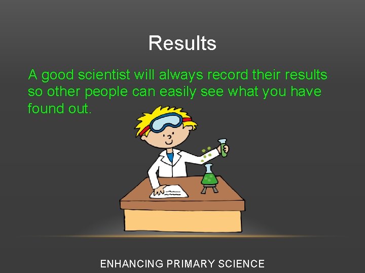 Results A good scientist will always record their results so other people can easily