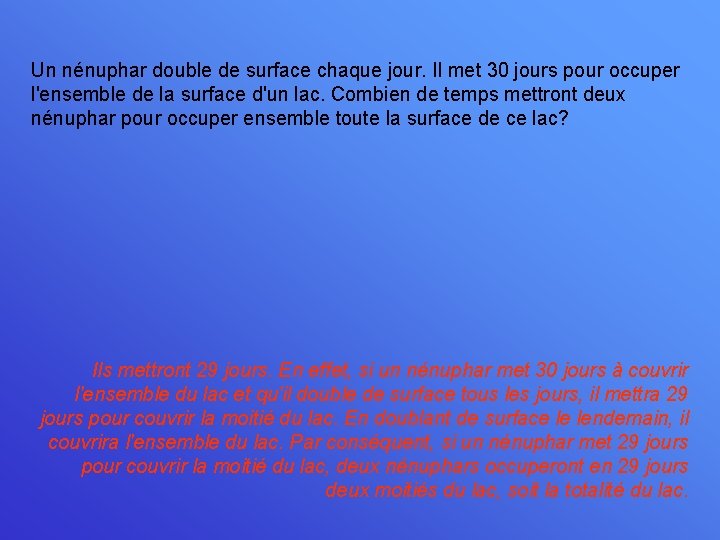 Un nénuphar double de surface chaque jour. Il met 30 jours pour occuper l'ensemble