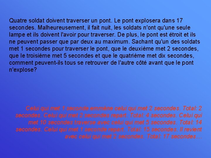 Quatre soldat doivent traverser un pont. Le pont explosera dans 17 secondes. Malheureusement, il