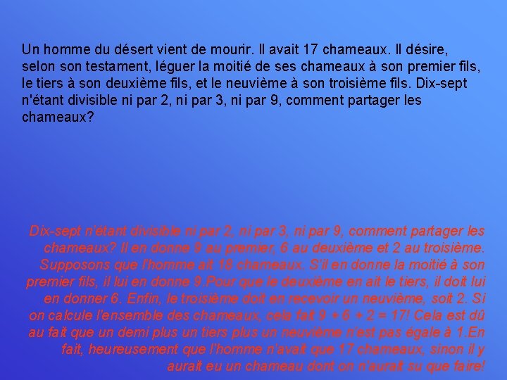 Un homme du désert vient de mourir. Il avait 17 chameaux. Il désire, selon