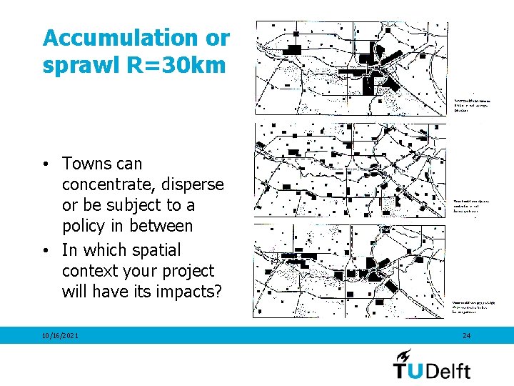 Accumulation or sprawl R=30 km • Towns can concentrate, disperse or be subject to