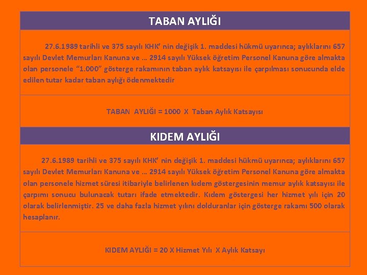 TABAN AYLIĞI 27. 6. 1989 tarihli ve 375 sayılı KHK’ nin değişik 1. maddesi