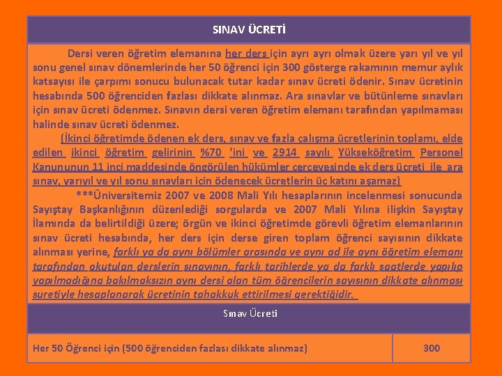 SINAV ÜCRETİ Dersi veren öğretim elemanına her ders için ayrı olmak üzere yarı yıl