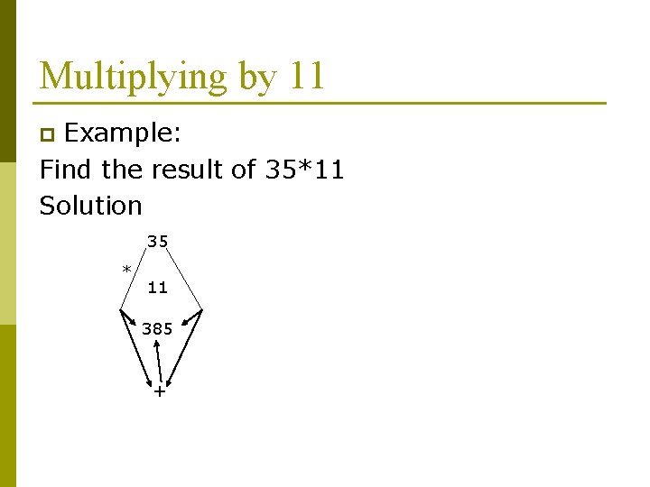 Multiplying by 11 Example: Find the result of 35*11 Solution p 35 * 11