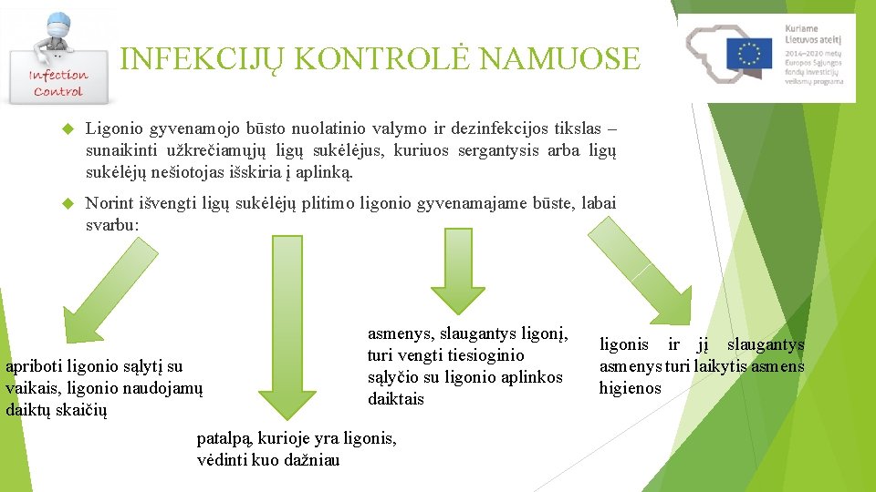 INFEKCIJŲ KONTROLĖ NAMUOSE Ligonio gyvenamojo būsto nuolatinio valymo ir dezinfekcijos tikslas – sunaikinti užkrečiamųjų