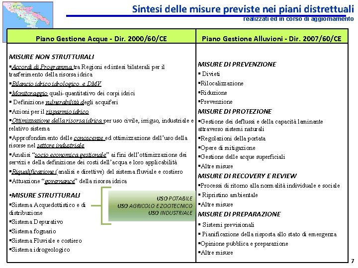 Sintesi delle misure previste nei piani distrettuali realizzati ed in corso di aggiornamento Piano