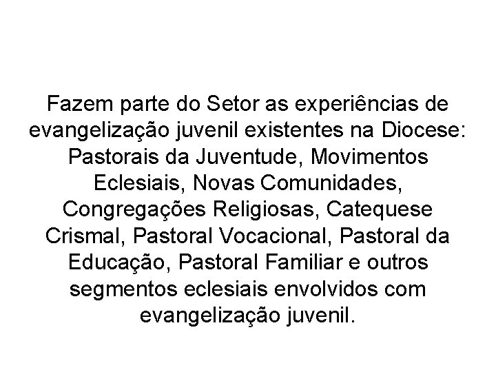 Fazem parte do Setor as experiências de evangelização juvenil existentes na Diocese: Pastorais da