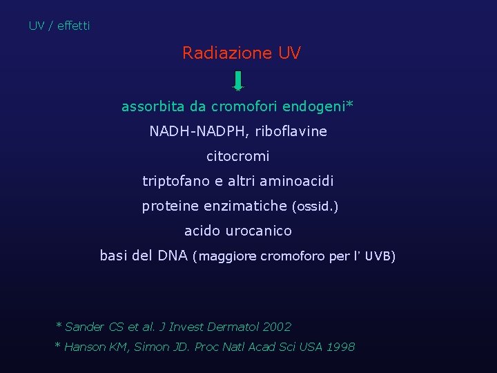 UV / effetti Radiazione UV assorbita da cromofori endogeni* NADH-NADPH, riboflavine citocromi triptofano e