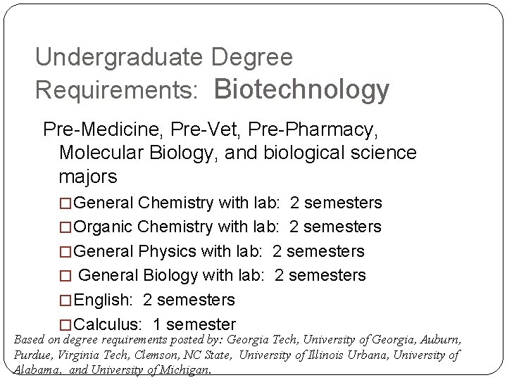 Undergraduate Degree Requirements: Biotechnology Pre-Medicine, Pre-Vet, Pre-Pharmacy, Molecular Biology, and biological science majors �