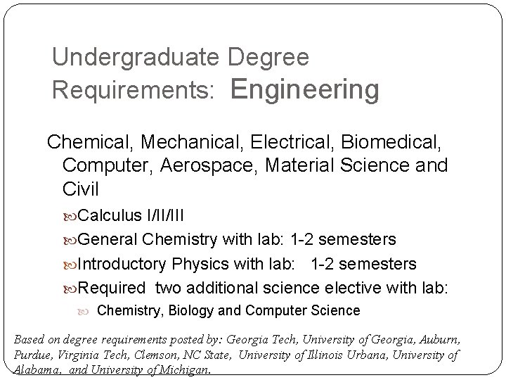Undergraduate Degree Requirements: Engineering Chemical, Mechanical, Electrical, Biomedical, Computer, Aerospace, Material Science and Civil