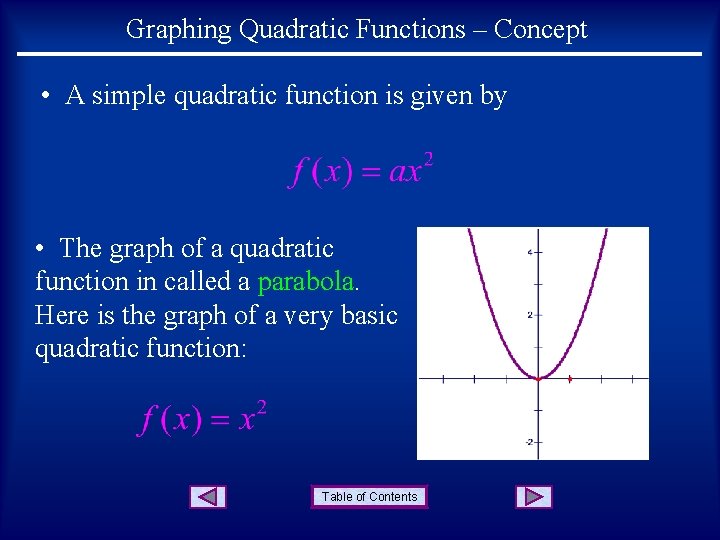 Graphing Quadratic Functions – Concept • A simple quadratic function is given by •