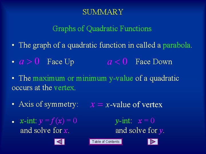 SUMMARY Graphs of Quadratic Functions • The graph of a quadratic function in called