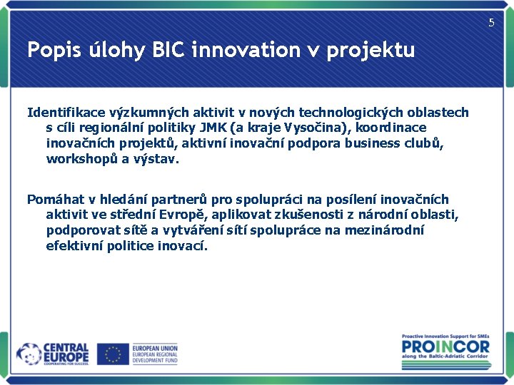 5 Popis úlohy BIC innovation v projektu Identifikace výzkumných aktivit v nových technologických oblastech