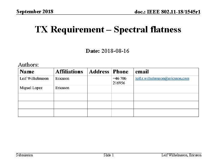 September 2018 doc. : IEEE 802. 11 -18/1545 r 1 TX Requirement – Spectral