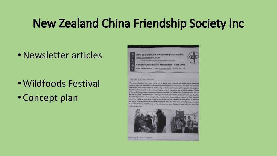 New Zealand China Friendship Society Inc • Newsletter articles • Wildfoods Festival • Concept