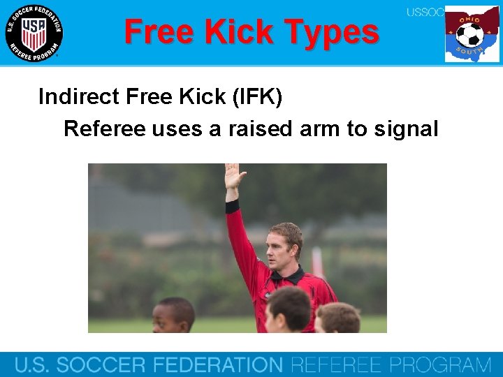 Free Kick Types Indirect Free Kick (IFK) Referee uses a raised arm to signal