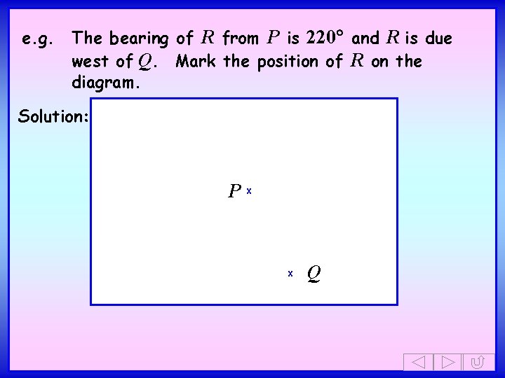 e. g. The bearing of R from P is 220 and R is due