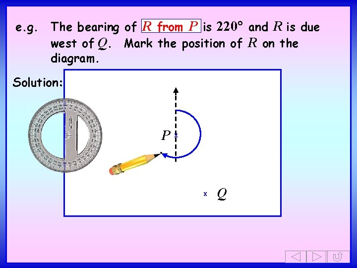 e. g. The bearing of R from P is 220 and R is due