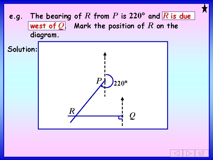 e. g. The bearing of R from P is 220 and R is due