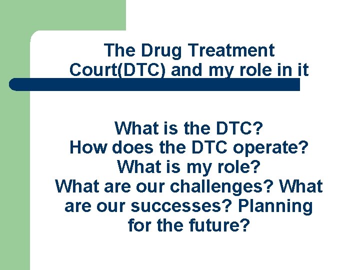 The Drug Treatment Court(DTC) and my role in it What is the DTC? How
