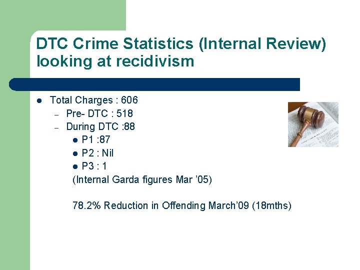 DTC Crime Statistics (Internal Review) looking at recidivism l Total Charges : 606 –