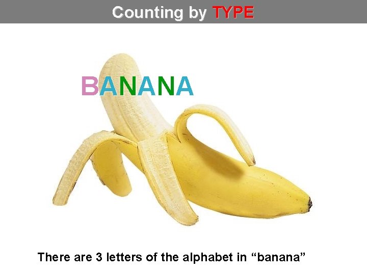 Counting by TYPE BANANA There are 3 letters of the alphabet in “banana” 