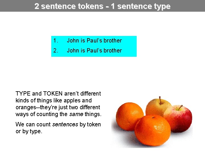 2 sentence tokens - 1 sentence type 1. John is Paul’s brother 2. John