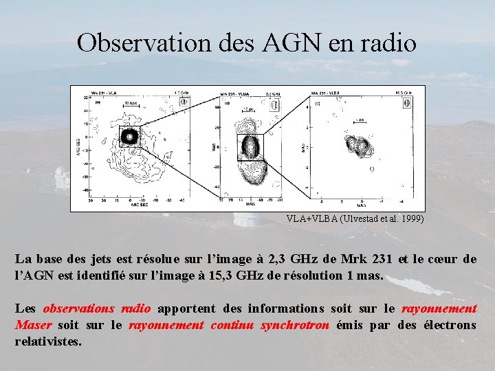 Observation des AGN en radio VLA+VLBA (Ulvestad et al. 1999) La base des jets