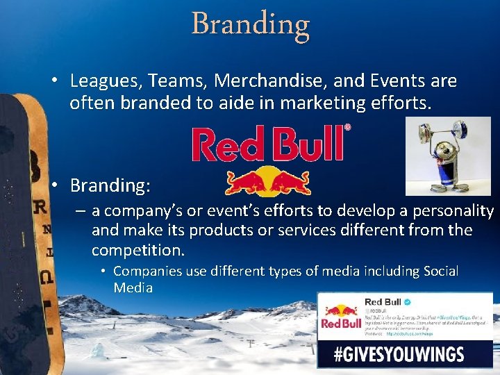 Branding • Leagues, Teams, Merchandise, and Events are often branded to aide in marketing