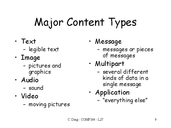 Major Content Types • Text • Message – legible text – messages or pieces