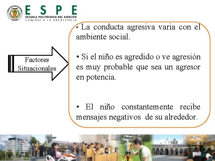 La conducta agresiva varia con el ambiente social. • Factores Situacionales • Si el La conducta agresiva varia con el ambiente social. • Factores Situacionales • Si el