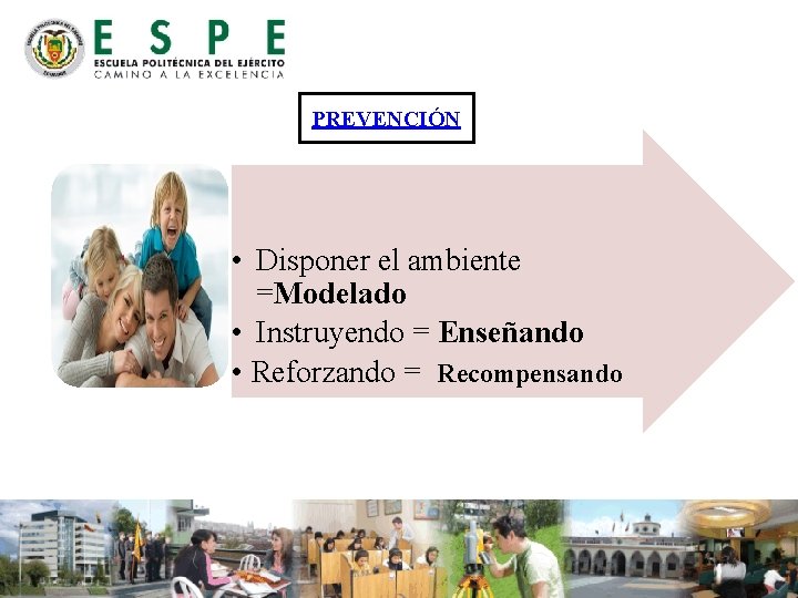 PREVENCIÓN • Disponer el ambiente =Modelado • Instruyendo = Enseñando • Reforzando = Recompensando