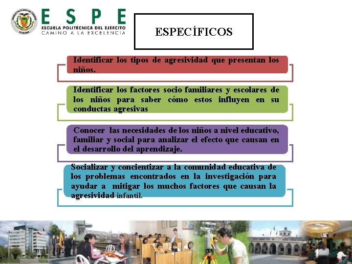 ESPECÍFICOS Identificar los tipos de agresividad que presentan los niños. Identificar los factores socio