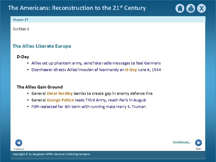 The Americans: Reconstruction to the 21 st Century Chapter 17 Section-2 The Allies Liberate