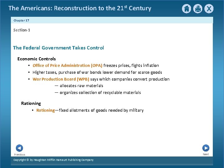 The Americans: Reconstruction to the 21 st Century Chapter 17 Section-1 The Federal Government