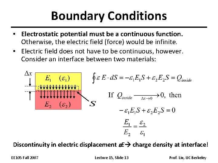 Boundary Conditions • Electrostatic potential must be a continuous function. Otherwise, the electric field Boundary Conditions • Electrostatic potential must be a continuous function. Otherwise, the electric field