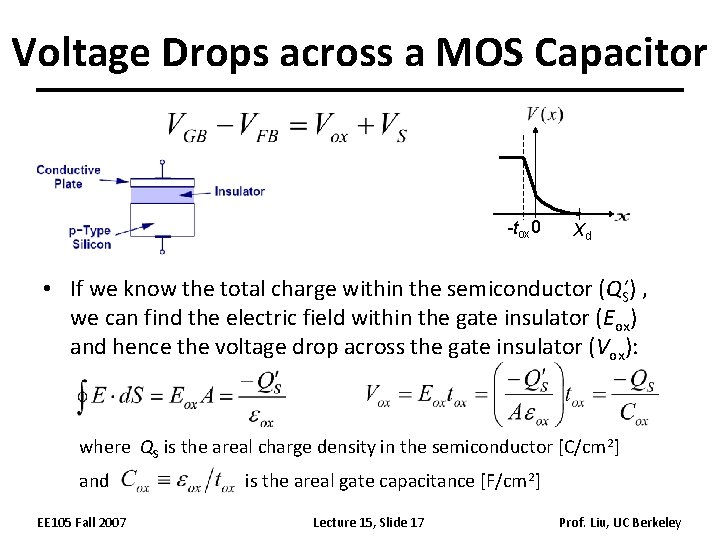 Voltage Drops across a MOS Capacitor -tox 0 Xd • If we know the Voltage Drops across a MOS Capacitor -tox 0 Xd • If we know the