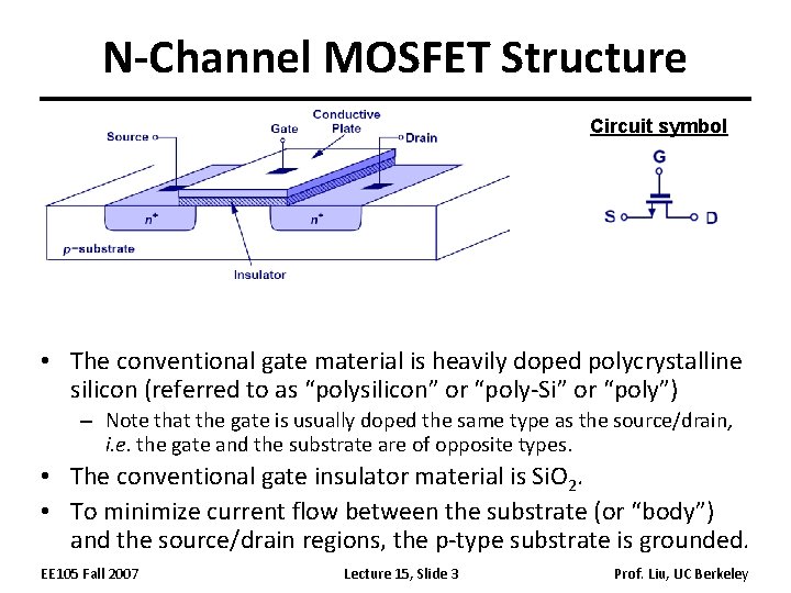 N-Channel MOSFET Structure Circuit symbol • The conventional gate material is heavily doped polycrystalline N-Channel MOSFET Structure Circuit symbol • The conventional gate material is heavily doped polycrystalline