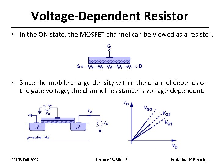 Voltage-Dependent Resistor • In the ON state, the MOSFET channel can be viewed as Voltage-Dependent Resistor • In the ON state, the MOSFET channel can be viewed as