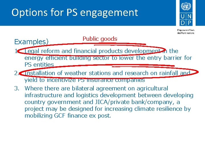 Options for PS engagement Examples） Public goods 1. Legal reform and financial products development