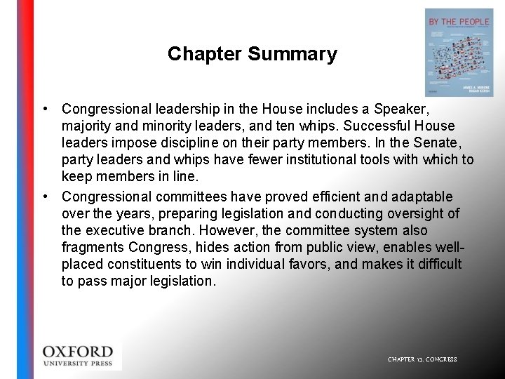 Chapter Summary • Congressional leadership in the House includes a Speaker, majority and minority