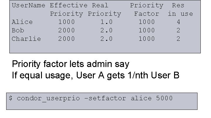 So What is Priority Factor? User. Name Effective Real Priority Alice 1000 1. 0