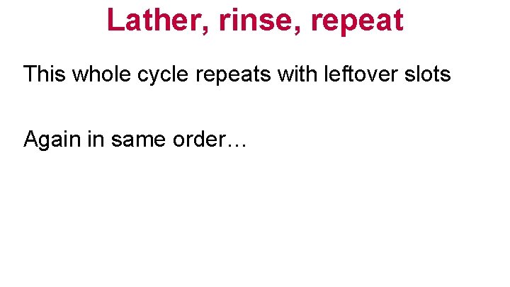 Lather, rinse, repeat This whole cycle repeats with leftover slots Again in same order…