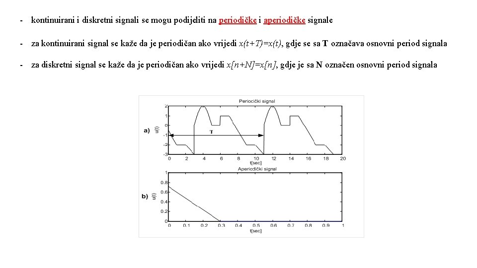 - kontinuirani i diskretni signali se mogu podijeliti na periodičke i aperiodičke signale -